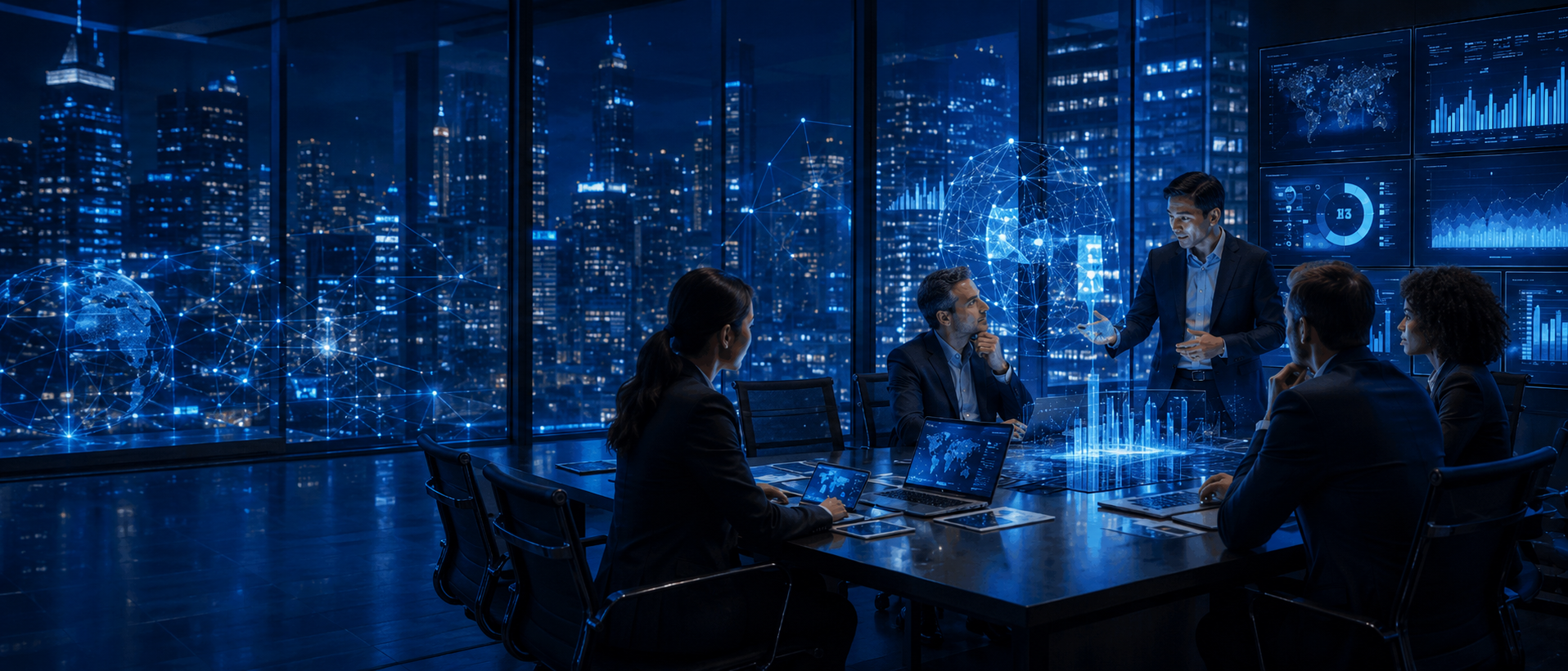 Executivos analisando dados corporativos e inteligência artificial em ambiente empresarial para evento SAP Innovation Day Data Foundation First